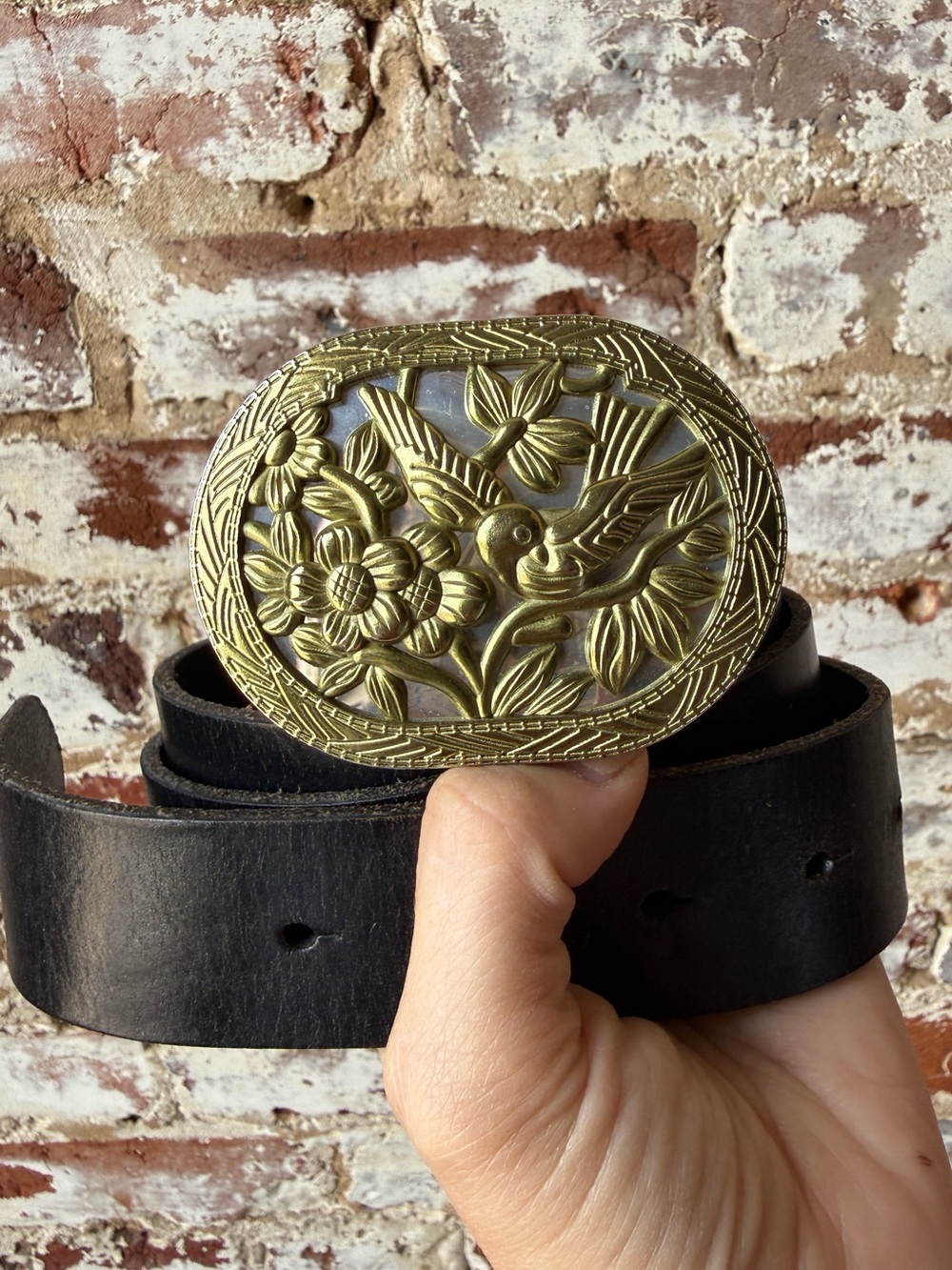 CAbi Black Leather Belt with Ornate Gold Floral & Bird Buckle